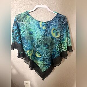 Women's Peacock Print Poncho Blouse - Blue/Green